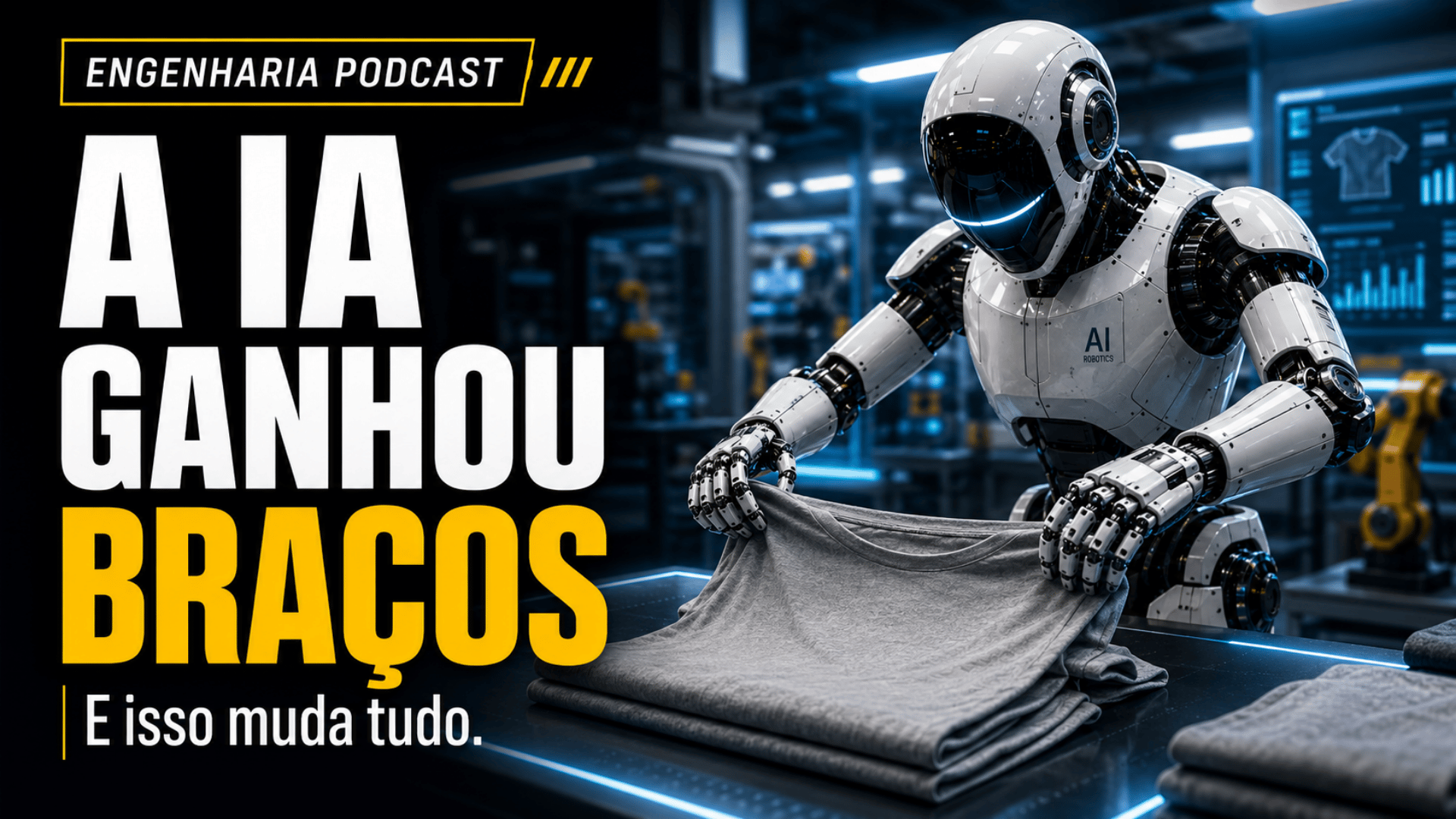 Robô com inteligência artificial manipulando uma peça de roupa, tema de IA física e engenharia