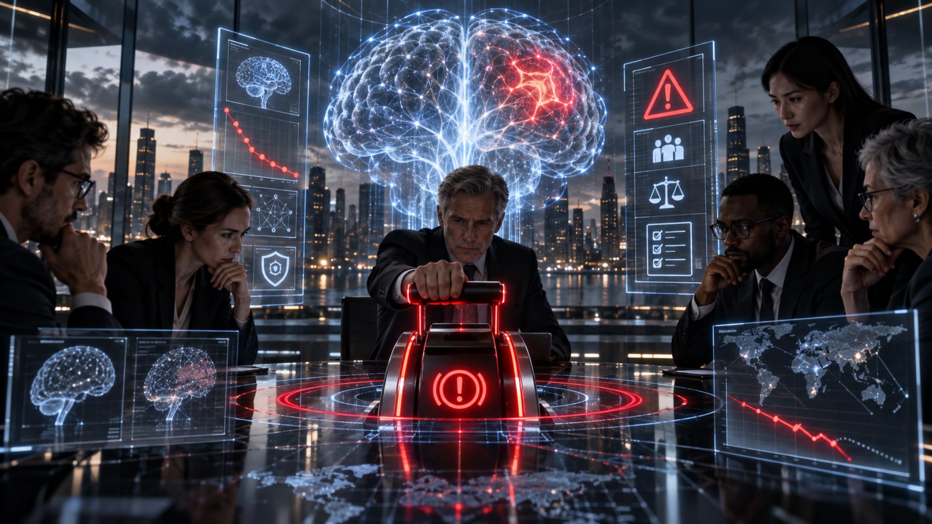 Imagem ilustrativa sobre o debate de segurança e riscos existenciais associados à inteligência artificial avançada