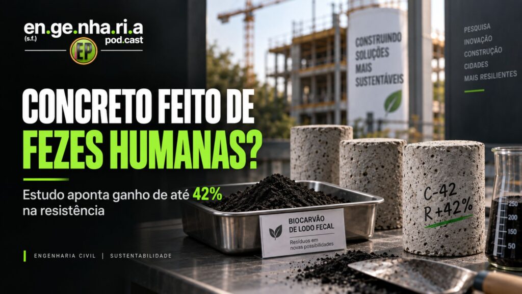 Estudo revela que concreto feito com resíduos de fezes humanas tratados apresentou ganho de 42% na resistência à flexão. Entenda a tecnologia.