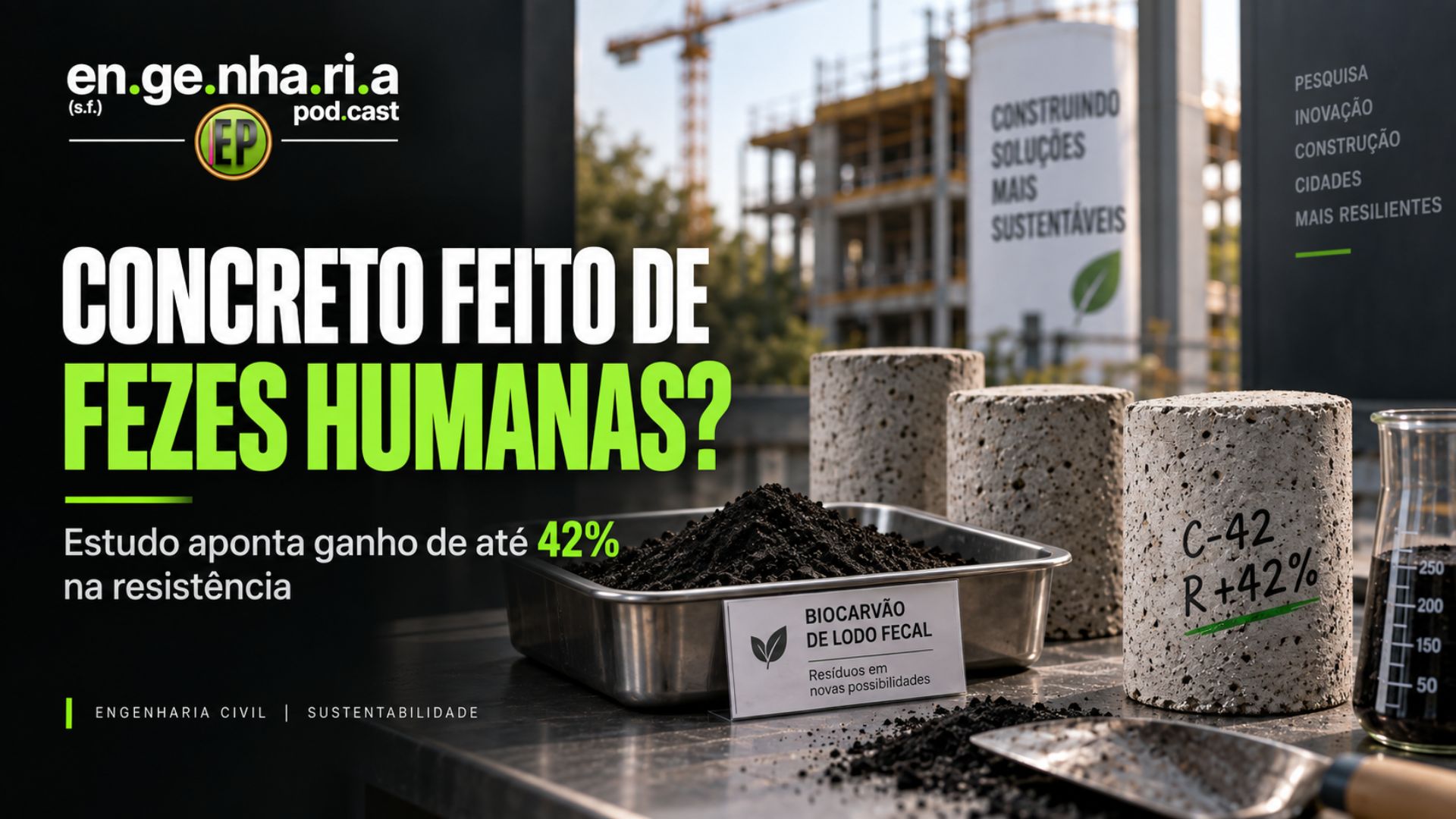 Concreto feito de fezes humanas: estudo investiga biocarvão de lodo fecal como substituto parcial do cimento