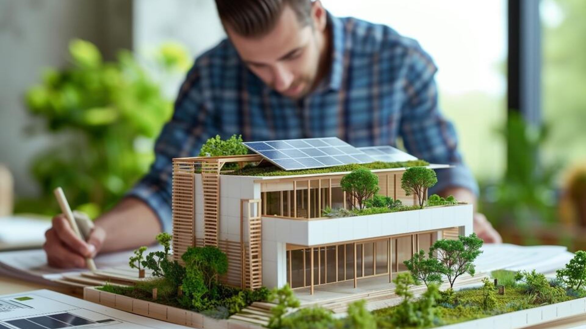 Construções sustentáveis com integração entre engenharia, eficiência energética, vegetação e tecnologias aplicadas à habitação.