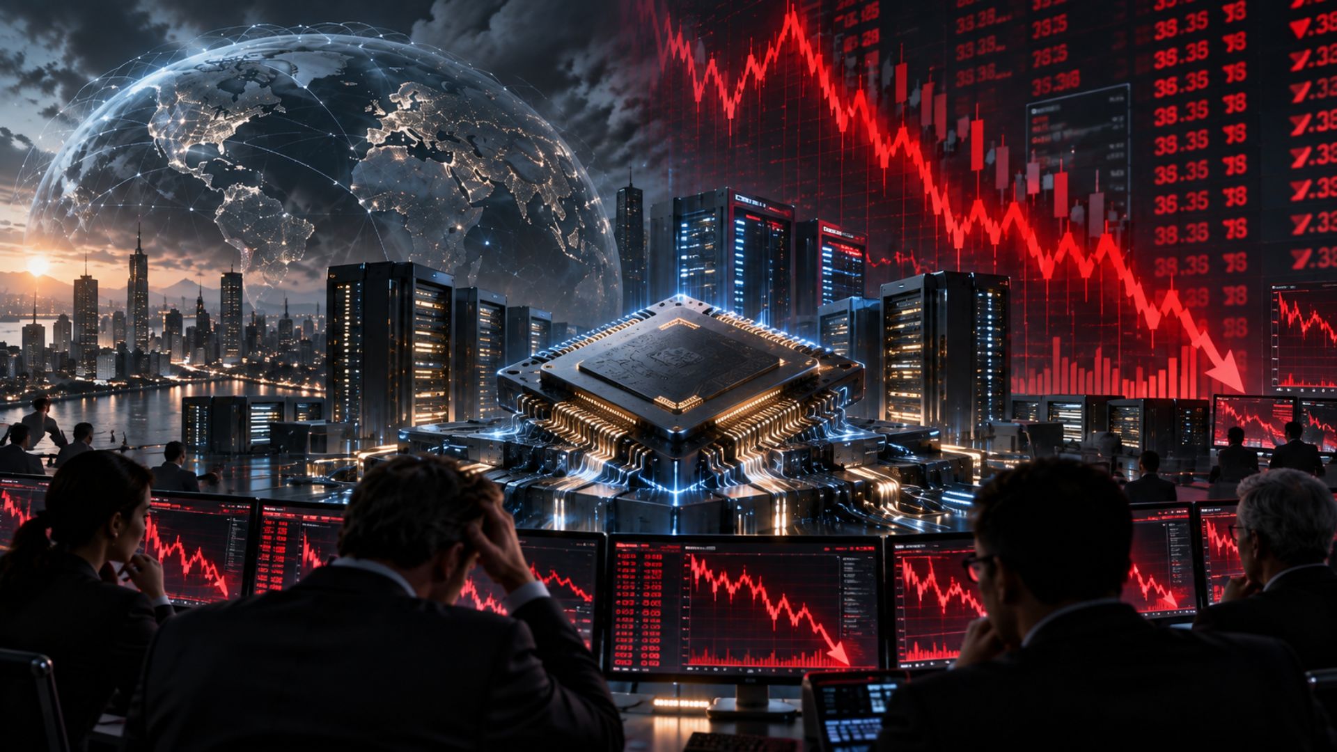 Inteligência artificial representada como cérebro conectado a data centers, energia, indústria e infraestrutura global