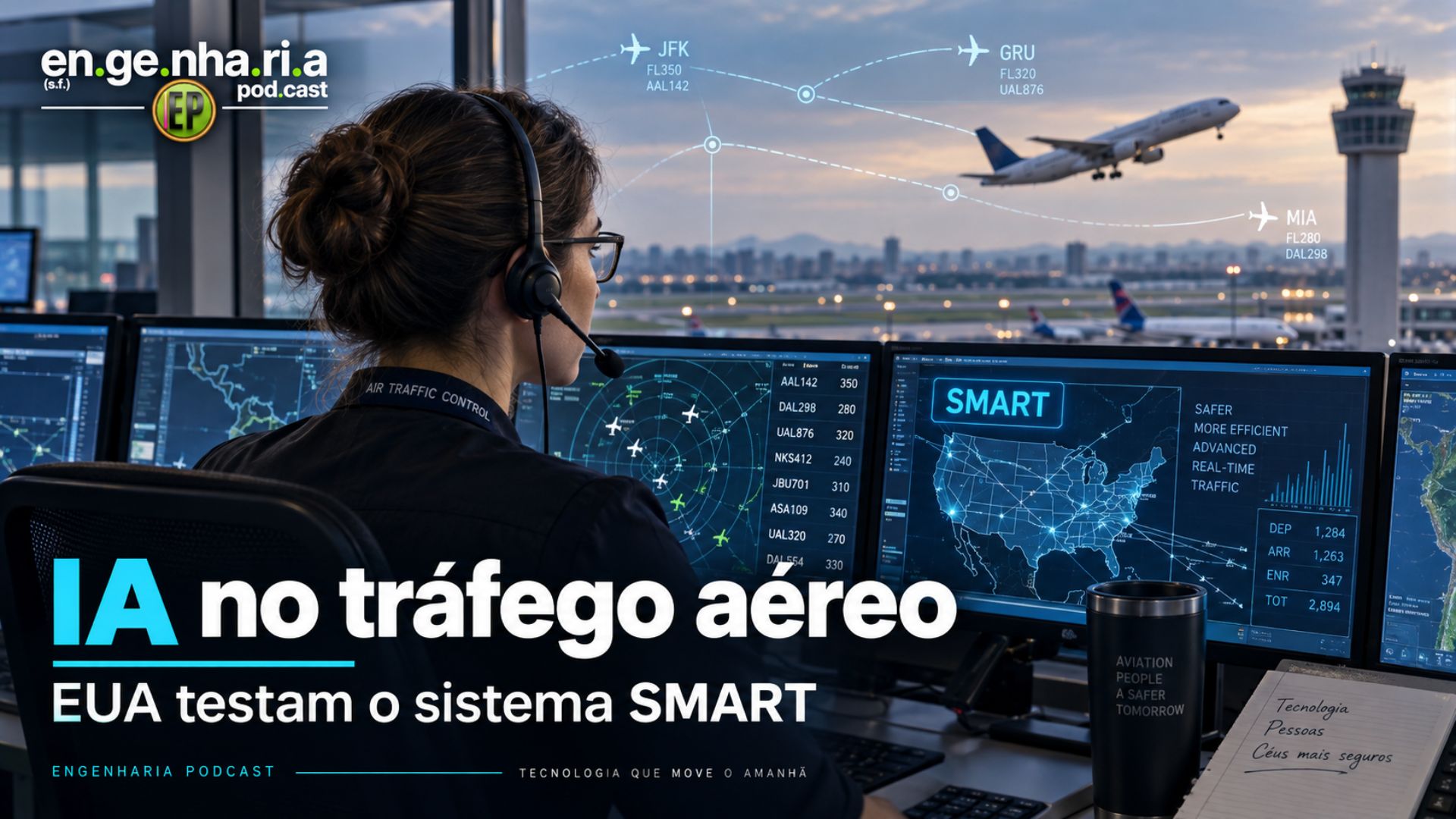 Inteligência artificial no tráfego aéreo: ilustração de uma controladora diante de telas de gerenciamento de voos, com uma aeronave decolando e o sistema SMART.